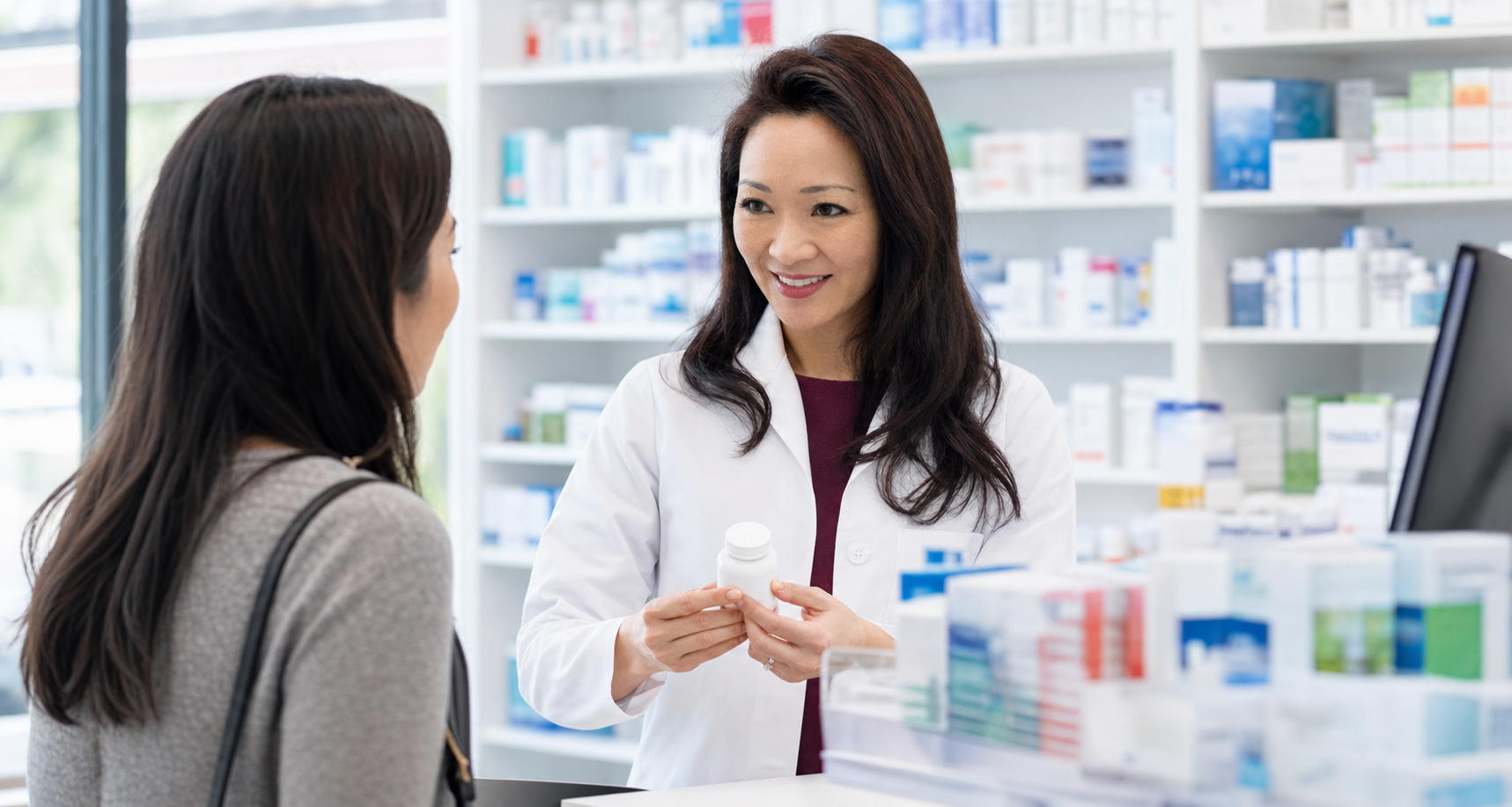 Asian pharmacist assisting a customer at a pharmacy counter